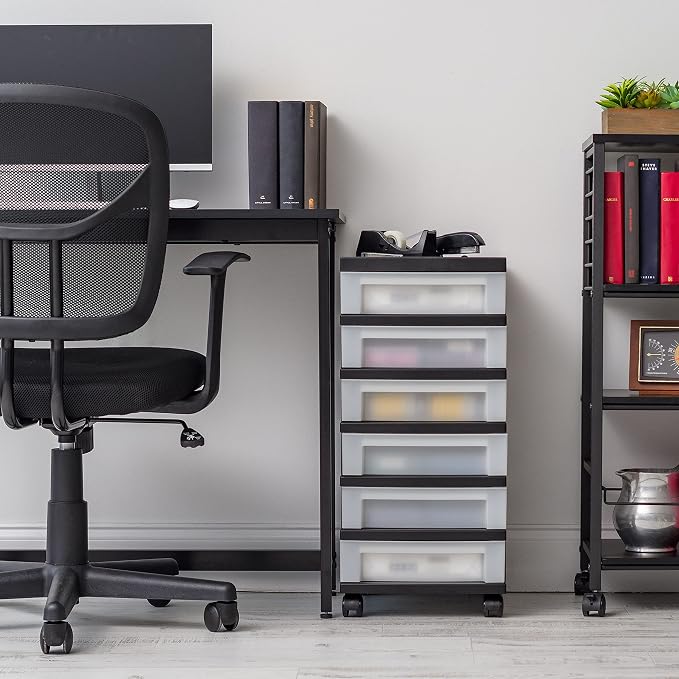 IRIS USA 6-Drawer Rolling Storage Cart with Organizer Top, Black/Pearl | Keep craft supplies, office essentials, classroom items, and accessories organized with easy-access drawers for daily use - Image 2