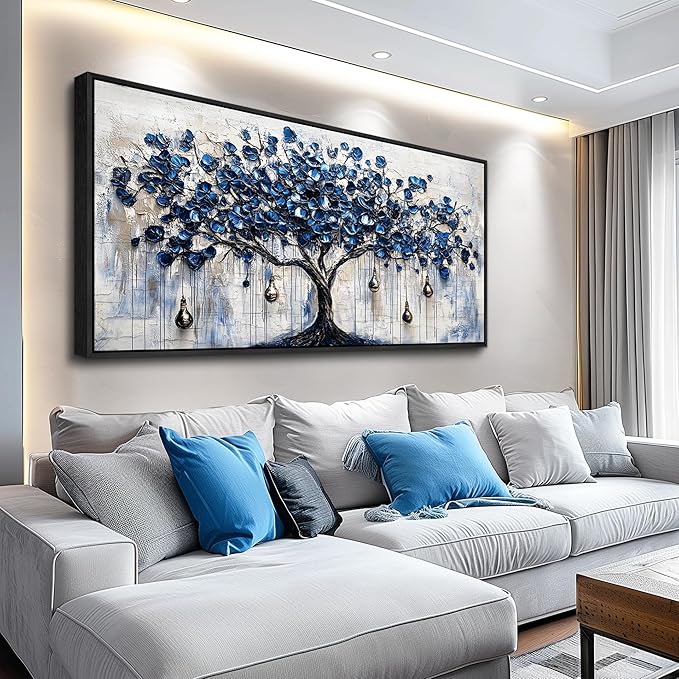XIGUANGART Tree of Life Large Wall Art Modern Abstract Paintings Watercolor Blue Farmhouse Framed Artwork Tree & bell Canvas Prints Pictures Wall Decor for Living Room Bedroom Home Office Decoration