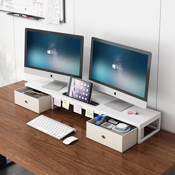 39 Inch Dual Monitor Stand Riser with 2 Drawers - Large White Wooden Computer Stand for 2 Monitors, Ergonomic Desk Organizer with Phone Holder, Desktop Storage for Laptop, Office Supplies, Home Office - Image 8