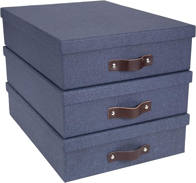 Bigso Oskar Canvas Fiberboard Document Letter Box - File Organizer Box for Important Paperwork - Document Storage with a Lid & Leather Handle - 3.3 in x 10.2 in x 13.8 in - Blue - Image 5