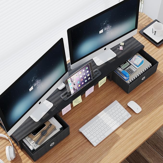 39 Inch Dual Monitor Stand Riser with 2 Drawers - Large Black Wooden Computer Stand for 2 Monitors, Ergonomic Desk Organizer with Phone Holder, Desktop Storage for Laptop, Office Supplies, Home Office - Image 4