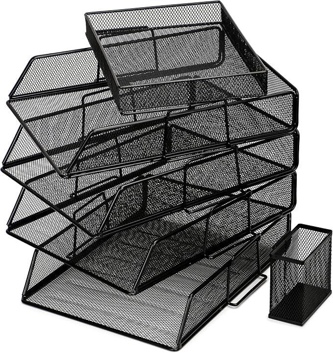 EXERZ Paper Trays Stackable 6pcs including 4 x Sorters, 1 x Top Tray,1 x Side Basket - Metal Desk Organiser/File Holder - Office, School - Image 5