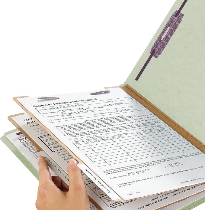 Smead Pressboard Classification File Folder with Safe Shield Fasteners, 2 Dividers, 2" Expansion, Letter Size, Gray/Green, 10 per Box (14076) - Image 3