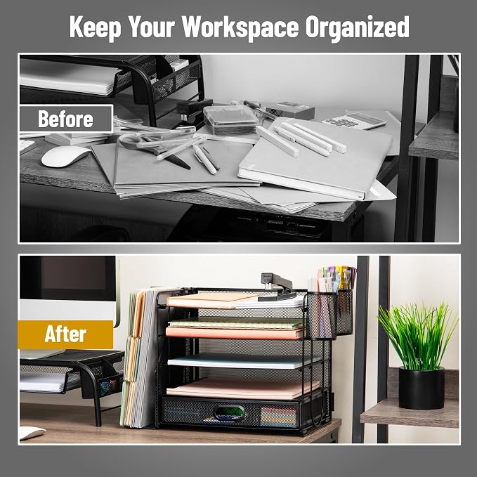 Mind Reader Mesh Desk Organizer, 4 Trays, 1 Drawer, File Holder, 2 Pen Cups, Office Desktop Organizer, Metal Mesh, Black - Image 5