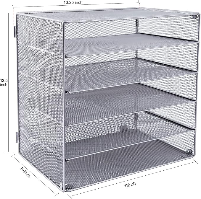 5 Slot Mesh Desk Organizer Tray, File Paper Letter Folder Holder Desktop Paper Sorter Mail Organization Rack Storage Accessories, for Office Home School Classroom, Silver - Image 4