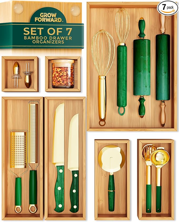 Grow Forward Bamboo Drawer Organizer Boxes - Set of 7 Wooden Drawer Organizers for Kitchen, Bathroom, Office, Desk, Vanity, Makeup - Non-Slip Junk Drawer Organizer Trays for Storage and Organization by GrowForward