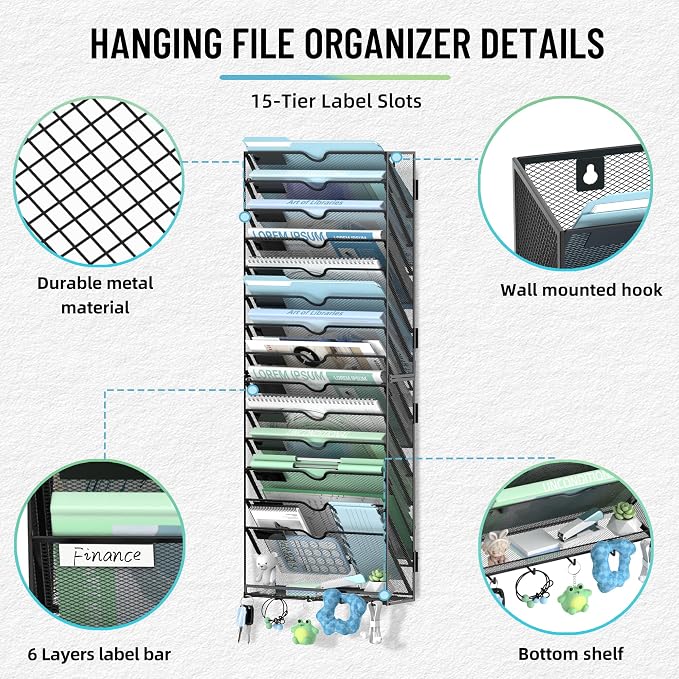 15-Tier Wall File Organizer with 5 Hooks, Wall Mounted Mail Organizer | File Holder Organizer, Metal Mesh Office Wall Organizer for Home, School & Classroom - Image 6