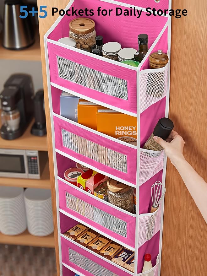 JARLINK Over the Door Organizer for Bedroom, Bathroom, 5 Shelf Rose Pink | Anti-Tilt Design, 44 lb Load Capacity, Hanging Door Organizer with 5 Large Capacity Pockets, Behind Door Storage for Nursery - Image 5