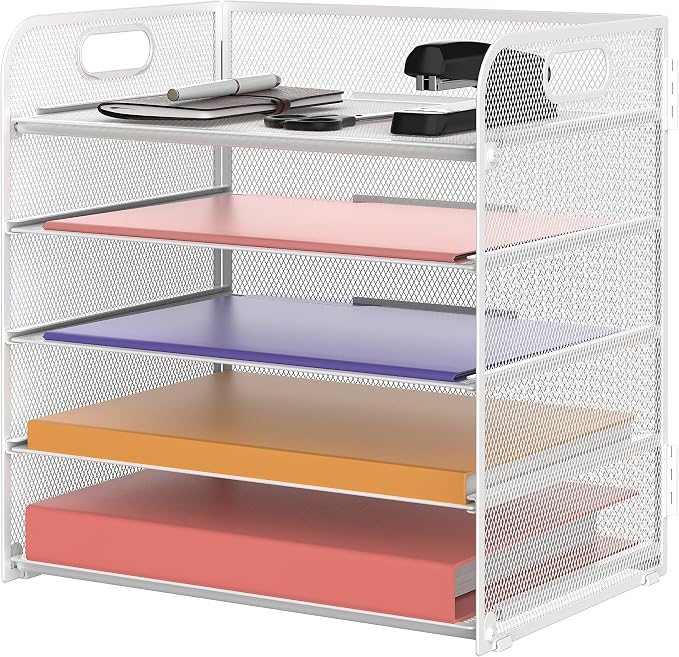 5 Trays Paper Organizer Letter Tray with Handle-Mesh Desk File Holders, Paper Sorter Desk Organizer for Office, Home, Classroom or School, White by SUPEASY