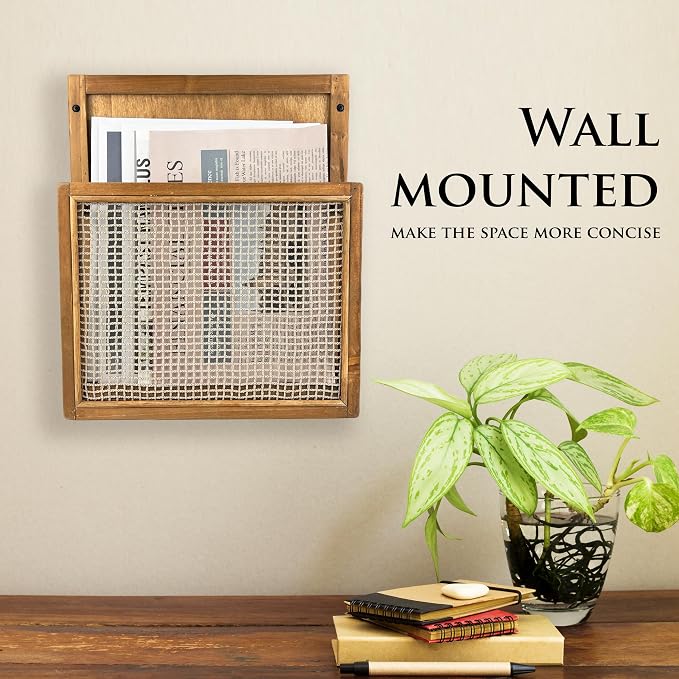 Wooden Wall Mounted Magazine Rack, Boho Style Wall File Organizer, File Holder For Entryway Living Room Kids’ room and Office, Magazine Holder, Hanging Mail Organizer (Brown) - Image 2