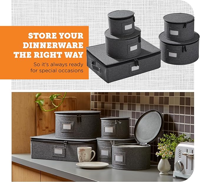 5-Piece Premium China Storage Set | Plates & Mugs | Gray | Full China Set For 12 - 4 Plate Cases + Mug Case, Flip-Top Lid. Hard Shell, Felt Dividers, Stackable, Easy Access. - Image 2