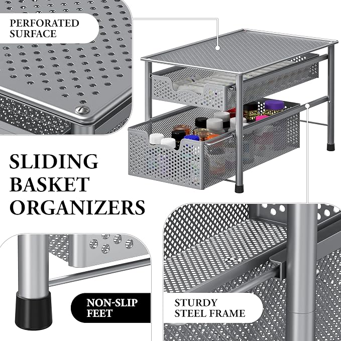 Simple Houseware Stackable 2 Tier Sliding Basket Organizer Drawer, Silver - Image 4
