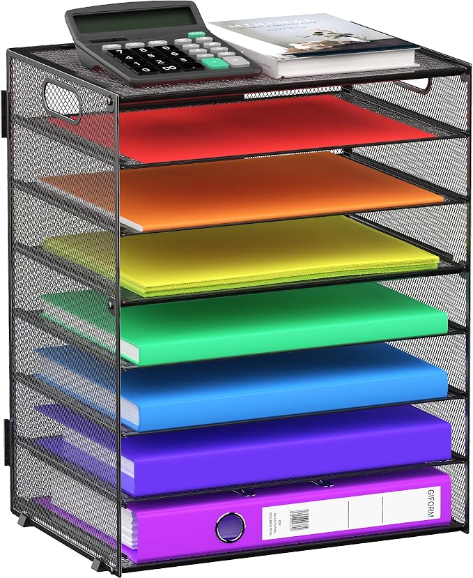 8 Tier Paper Letter Tray Organizer with Handles, Mesh Desk File Holder Storage Organization for Home School Classroom & Office (Black) by GoldOrcle