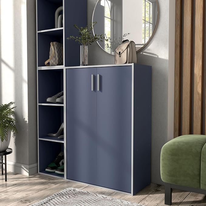 Homes: Inside + Out Apexa 3-Tier Stackable Wood Bookcase with Doors, Cube Storage Organizer Shelves, Small Food Pantry Cabinet, Dorm Teen Room Decor & Bedroom, Home Office, Kitchen, Steel Blue - Image 6