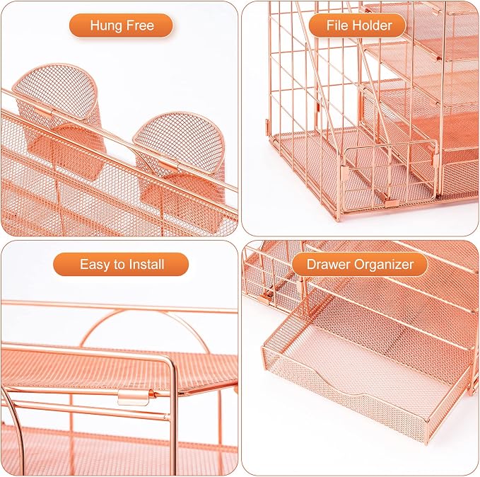 Marbrasse Rose Gold Desk Organizer with File Holder, 5-Tier Paper Letter Tray Organizer and Drawer, Mesh Desktop Storage with Magazine Holder for Office Supplies - Image 4