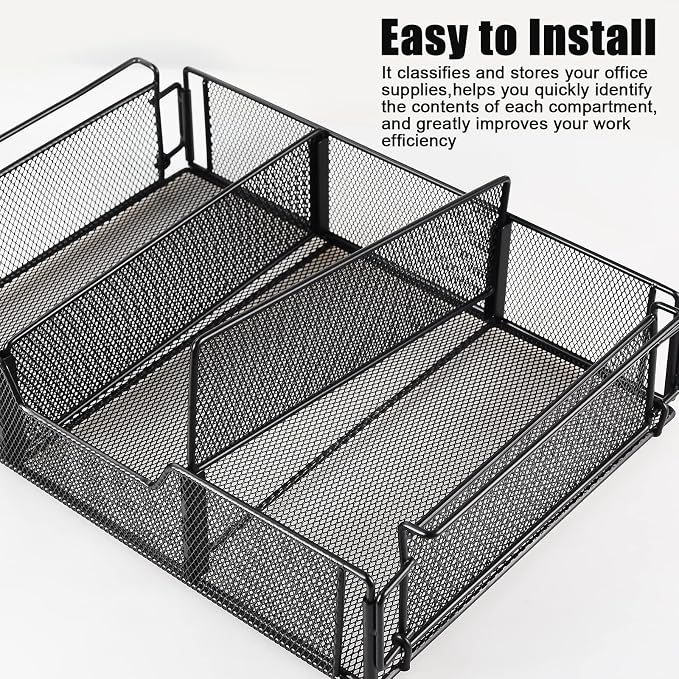 Under Desk Drawer, Hanging Storage Organizer Slide Out, Black Metal Under Desk Storage Hanging Storage Organizer, Attachable Pen Holder Desk Hidden Drawer for Office Home School Accessories(Black) - Image 6