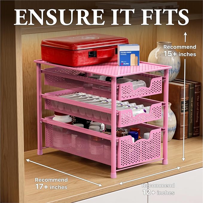 Simple Houseware Stackable 3 Tier Sliding Basket Organizer Drawer, Pink - Image 3