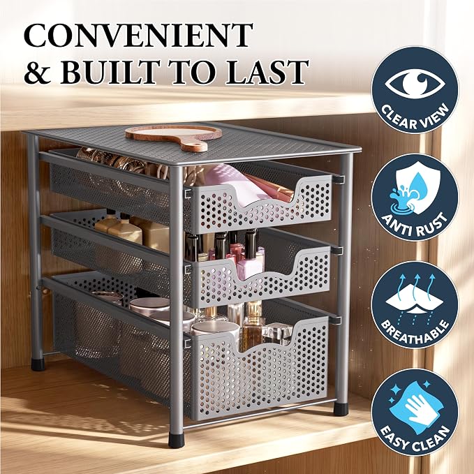 Simple Houseware Stackable 3 Tier Sliding Basket Organizer Drawer, Silver - Image 5