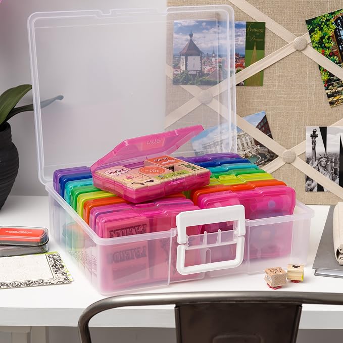 IRIS USA Photo Storage Box |Made in USA| 16 Cases - Clear/Multi | Fits 4" x 6" Pictures / Built-In Handle / Organizing Containers for Tasks, Stickers, Ephemera & Flashcards - Image 6