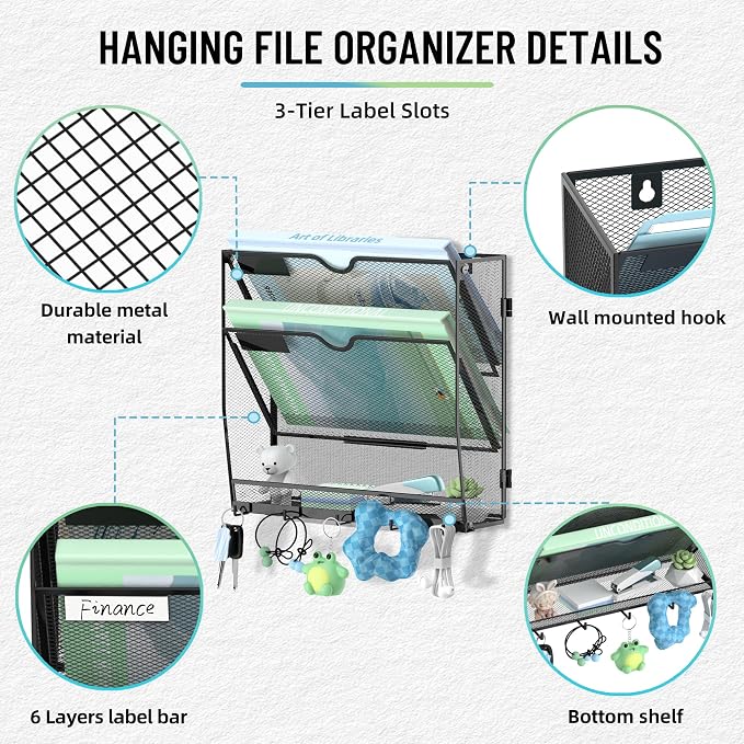 3-Tier Wall File Organizer with 5 Hooks, Wall Mounted Mail Organizer | File Holder Organizer, Metal Mesh Office Wall Organizer for Home, School & Classroom - Image 3