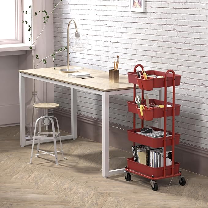 Simple Houseware 4-Tier Rolling Utility Cart with Hanging Bucket, Red | Storage for Bathroom, Kitchen, Office, Study Room, Nursery Diaper - Image 3