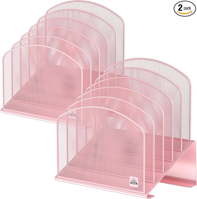 Delifox Inclined Desk File Organizer,Vertical File Folder Holder Stand Metal Rack File Sorter for Office Classroom Desktop Organization (2, Pink, 5) by Delifox
