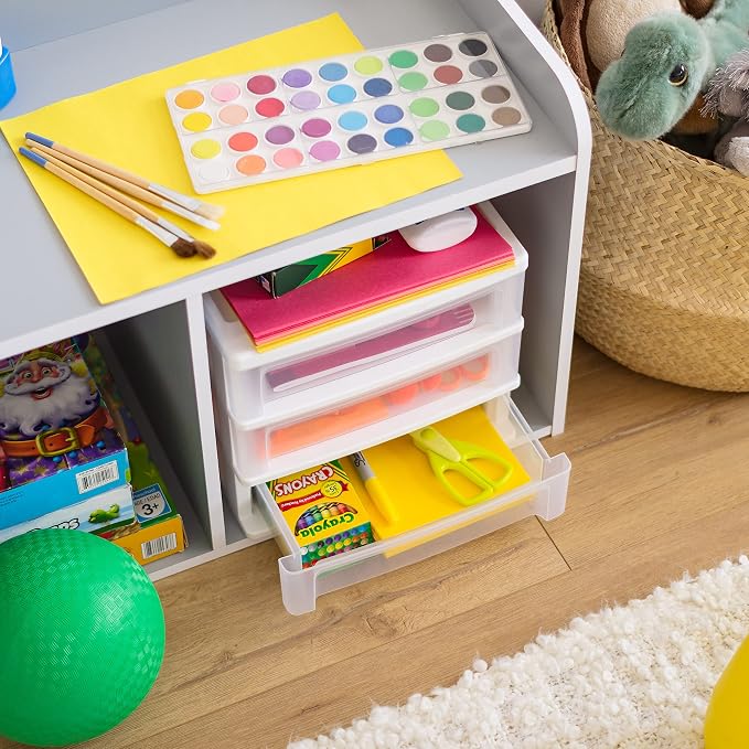 IRIS USA Plastic Stacking Desk Top 3-Drawer Storage Organizer, 2-Pack, for Makep Vanity Nail Polish Bathroom Stationery Art Craft Supplies Kitchen Office Garage and Small Organization, Medium, White - Image 5