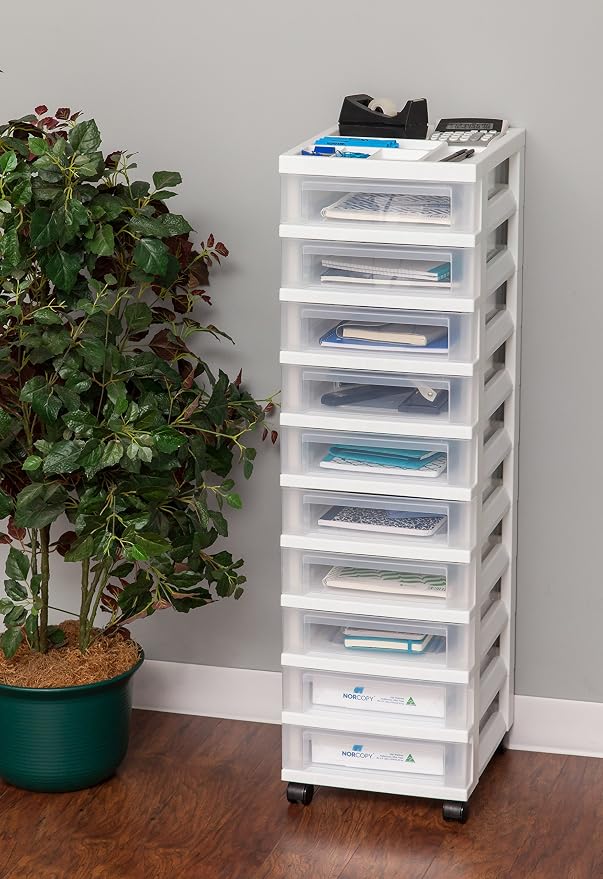 IRIS USA 10-Drawer Rolling Storage Cart, White/Clear | Keep craft supplies, office essentials, classroom items, and accessories organized with easy-access drawers for daily use - Image 2