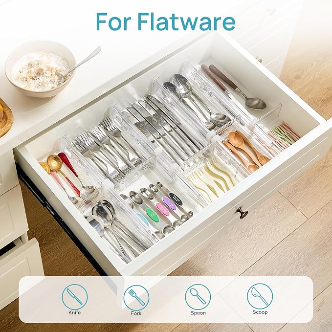 Vtopmart 2.36" Drawer Dividers with Expandable Inserts, 12.8"-22.3", 8 Pack | Adjustable Kitchen Drawer Organizer, Clear Organizer Separator for Flatware, Utensil, Cutlery, 8 Dividers with 14 Inserts - Image 5