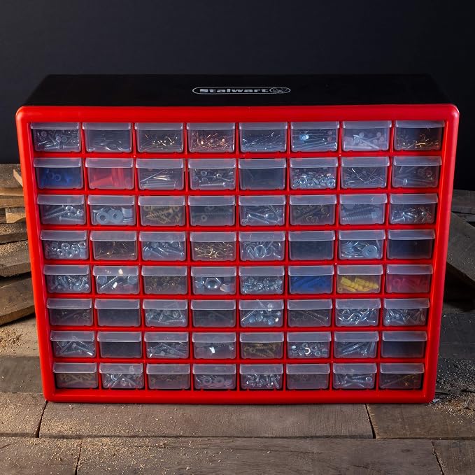 64-Drawer Storage Organizer - Plastic Drawers for Organization - Desktop or Wall-Mounted Container for Hardware, Tools, and Beads by Stalwart (Red) - Image 2