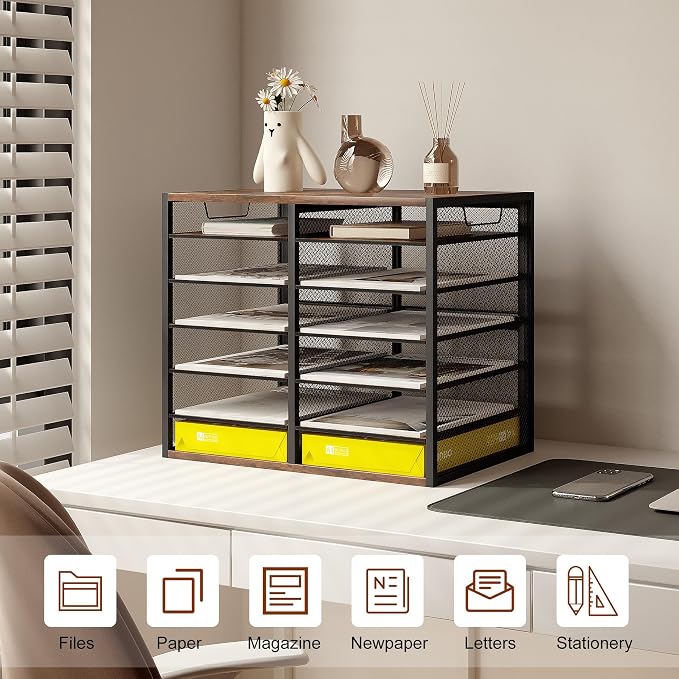 TQVAI 12 Compartments Desktop Literature Organizer, Metal Frame Paper Sorter with Handles, Adjustable Mailbox for Classroom and Office, Desk File Organizer for Document, Bill, Magazine, Antique Brown - Image 3