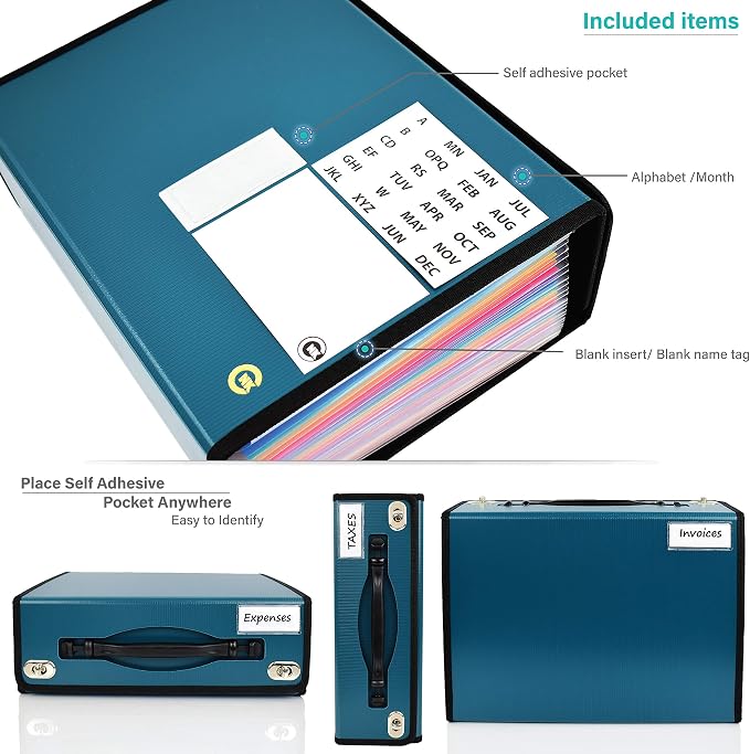 CNK Accordion File Organizer - 36 Pocket Teal Folder with Ergonomic Handle, Double Lock Buckles, Protects Documents, Durable Polypropylene, 8.5 x 11 in - Image 5