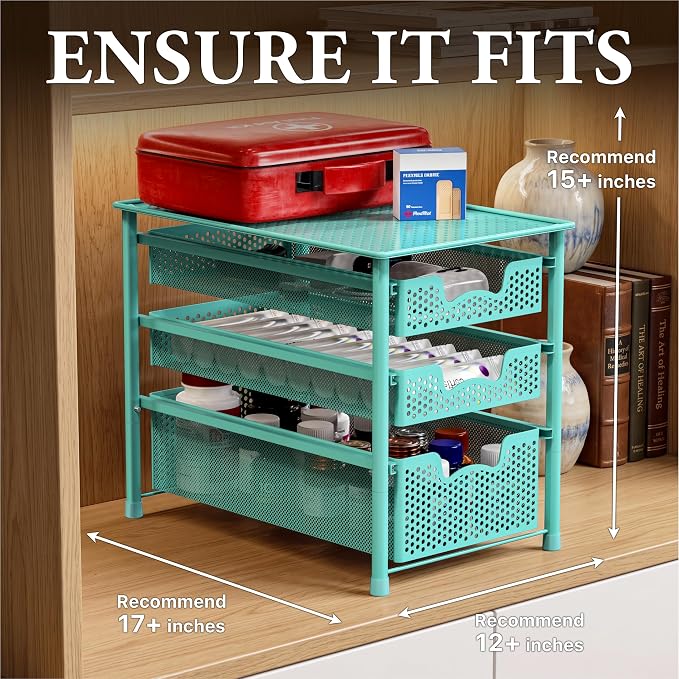 Simple Houseware Stackable 3 Tier Slide Basket Organizer Drawer, Turquoise - Image 3