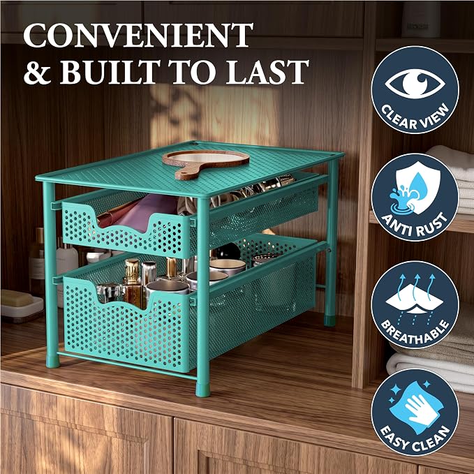 Simple Houseware Stackable 2 Tier Sliding Basket Drawer, Turquoise - Image 5