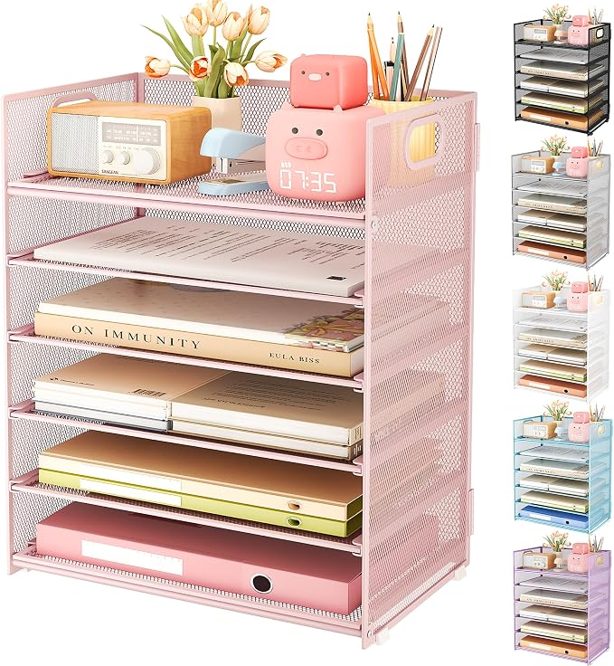 Subekyu 6 Tier Office File Paper Desk Tray Organizer with Handle, Stackable Slide Mesh Letter Tray Folder Pink Desk Organizer, Desktop Document Sorter for Classroom, Office, Home Supplies Storage by SUBEKYU