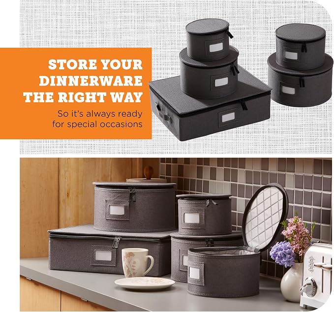 5-Piece China Storage Set | Plates & Mugs | Woven Linen | Gray | Full China Set For 12 - 4 Plate Cases + Mug Case, Zipper Closure. Hard Shell, Felt Dividers, Stackable, Top-Load. - Image 2