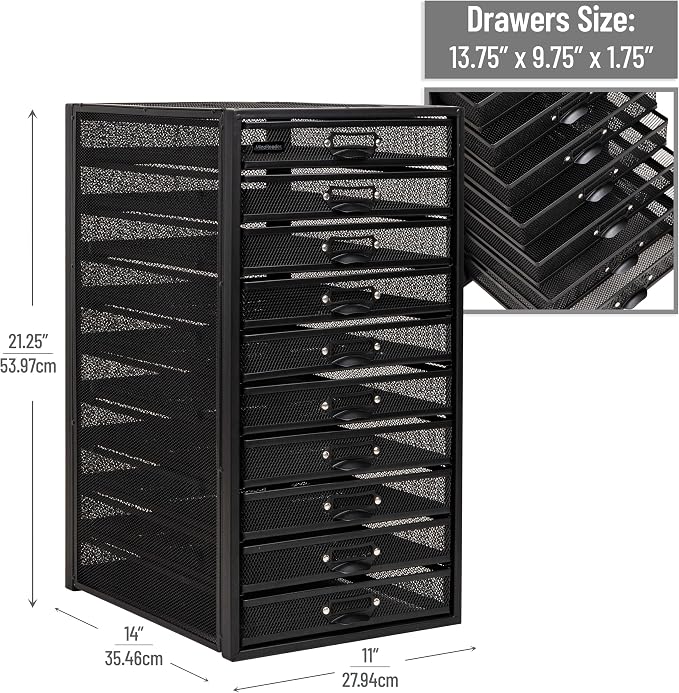 Mind Reader 10-Drawer Desk Organizer for Office Supplies, Crafts, Mail Sorting & More, Metal Mesh, Black - Image 3