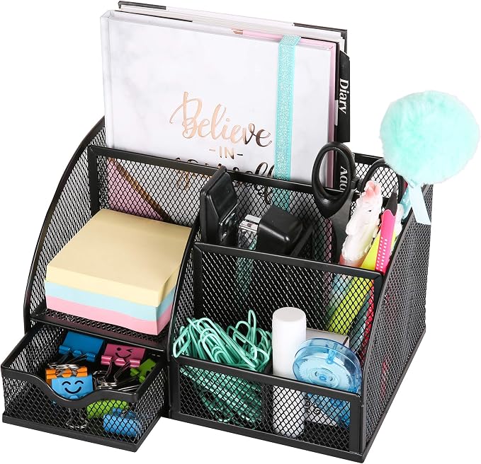 Exerz Desk Organizer 7 Compartment Pencil Holder Office Tidy Caddy Black | Metal Mesh Caddy for Pens Notes Paper Clips and Small Desk Items Compact Stylish for Home Office Study - Image 8