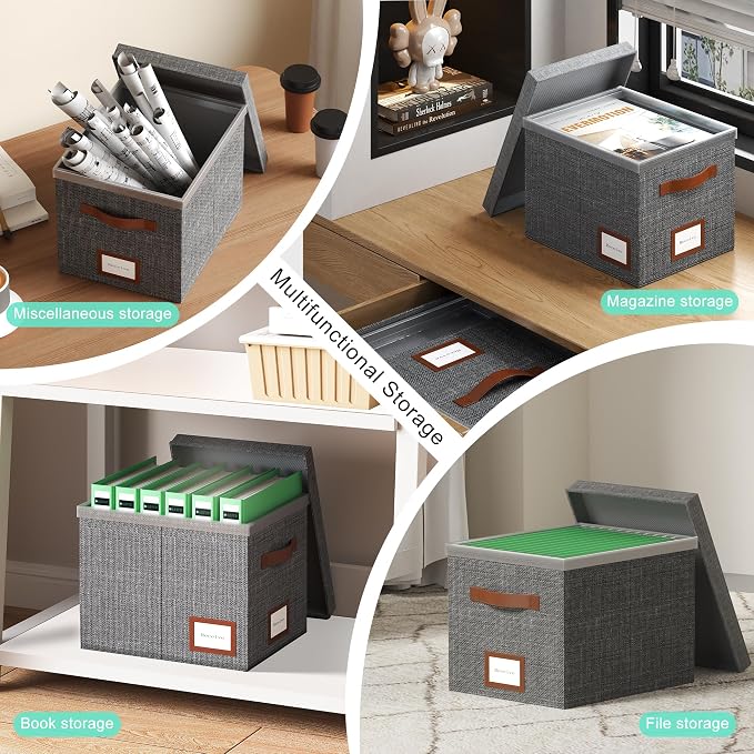 File Organizer Box with Lid File Box for Hanging Decorative File Organizer with One-Piece Integrated Plastic Slide Rail(Grey, 13.2x10.1x10.1inch(2pack)) - Image 4