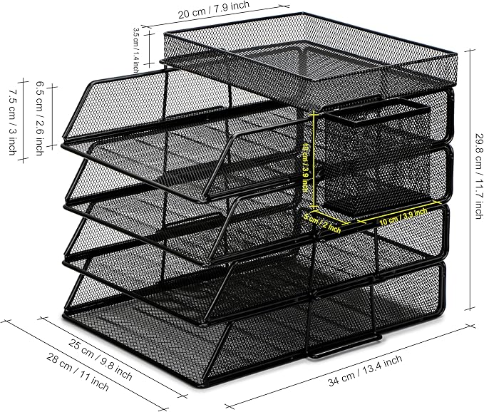 EXERZ Paper Trays Stackable 6pcs including 4 x Sorters, 1 x Top Tray,1 x Side Basket - Metal Desk Organiser/File Holder - Office, School - Image 2