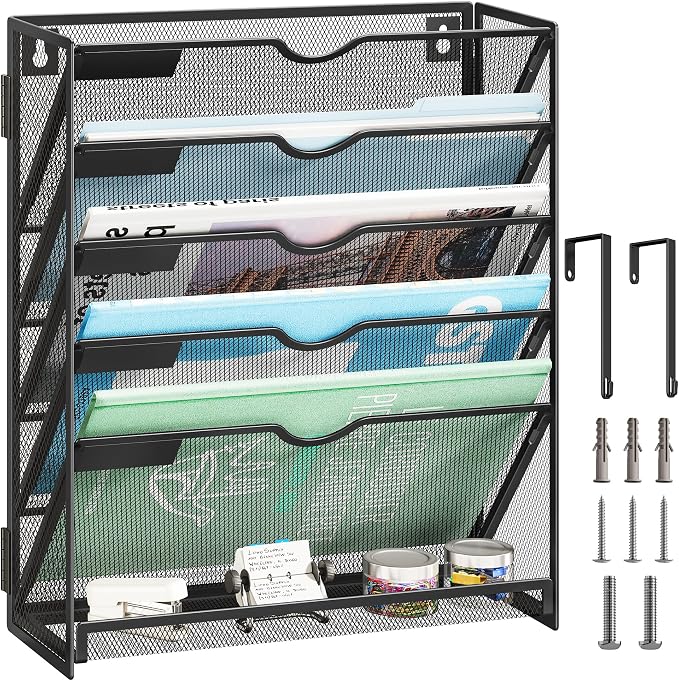 Lavatino 6-Tier Hanging File Organizer, Wall Mount File Holder for Mails Folders Papers Magazine Organization, Vertical Document Organizer for Office Home - Black - Image 7