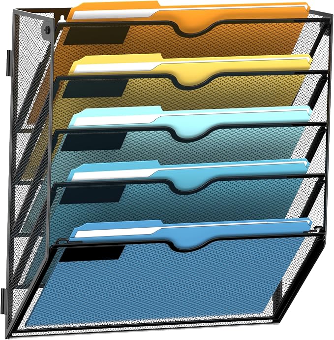 5-Tier Hanging Wall File Organizer with Hooks for Office Organization | Mesh Wall File Holder, Mail Organizer Wall Mounted for Papers, Documents, Folders and Magazines in Home Office, Classroom by SUPEASY