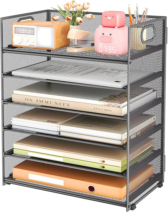Subekyu 6 Tier Paper Organizer for Desk with Handle, Metal Mesh Desk Office File Folder Paper Letter Tray Accessories Organizer Sorter for Home, School, Office Desktop Document Organization - Gray by SUBEKYU