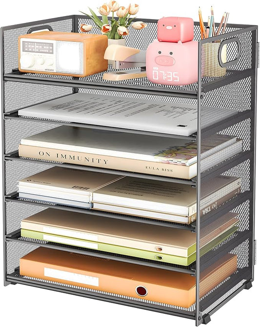 Subekyu 6 Tier Paper Organizer for Desk with Handle, Metal Mesh Desk Office File Folder Paper Letter Tray Accessories Organizer Sorter for Home, School, Office Desktop Document Organization - Gray by SUBEKYU
