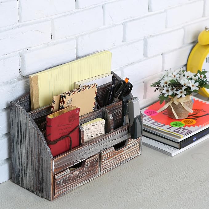 MyGift Office Supply Organizer with Drawers, Torched Wood Desktop Storage | Multi-section storage keeps pens, stationery, gadgets, and workspace essentials neatly arranged with rustic wood finish - Image 5
