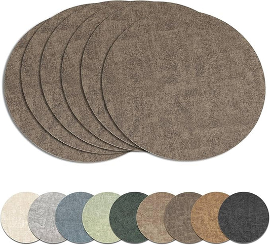 13" Round Placemats Set of 6, Reversible Faux Leather Heat Resistant Table Mats, Waterproof Oilproof Wipeable Table Protective Placemats for Vinyl, Washable for Indoor & Outdoor Use (6, Dark Coffee)