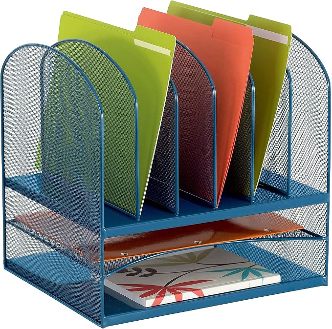 Safco Onyx Mesh 2 Tray, 6 Sorter Desktop Organizer 3255BU, Blue Powder Coat Finish, Durable Steel Mesh Construction, Space-Saving Functionality by SafcoProducts