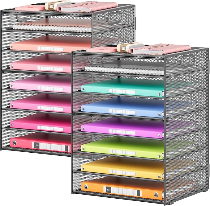 Lavatino 2 Pack 8-Tier Office Desk File Organizer, Letter Tray Paper Organizer with Handle, Including 5 Adjustable Slide Trays for Organizing Desk Workspace Accessories and Supplies (Grey Metal Mesh) by Lavatino