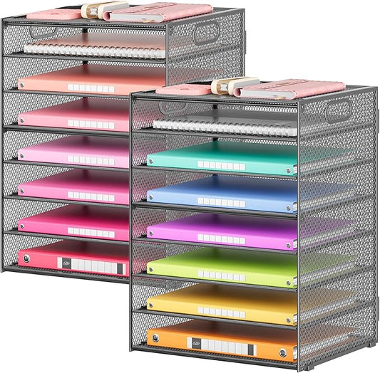 Lavatino 2 Pack 8-Tier Office Desk File Organizer, Letter Tray Paper Organizer with Handle, Including 5 Adjustable Slide Trays for Organizing Desk Workspace Accessories and Supplies (Grey Metal Mesh) by Lavatino