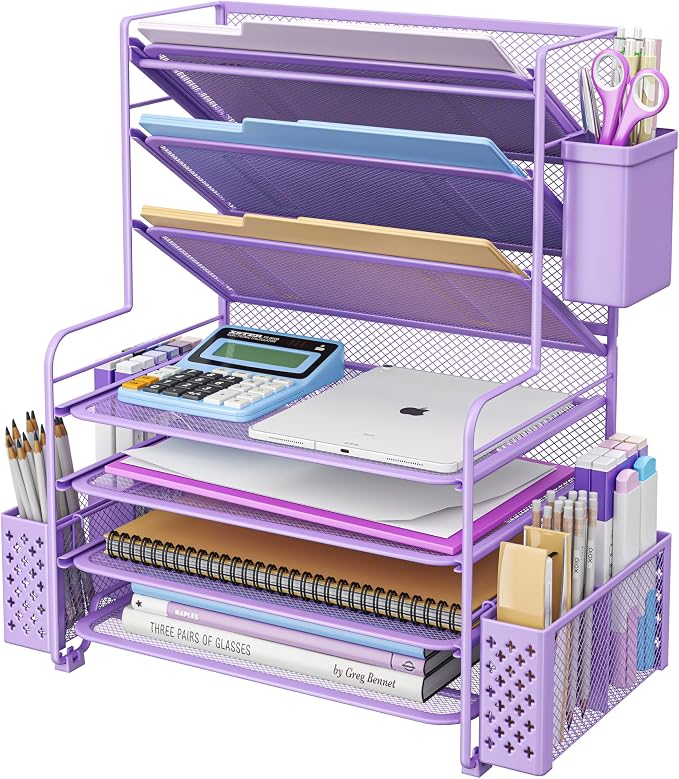 Simple Trending 7 Tier Desk File Organizer, Letter Tray Paper Organizer with Pen Holder and Metal Hanging Basket, Purple by SimpleTrending